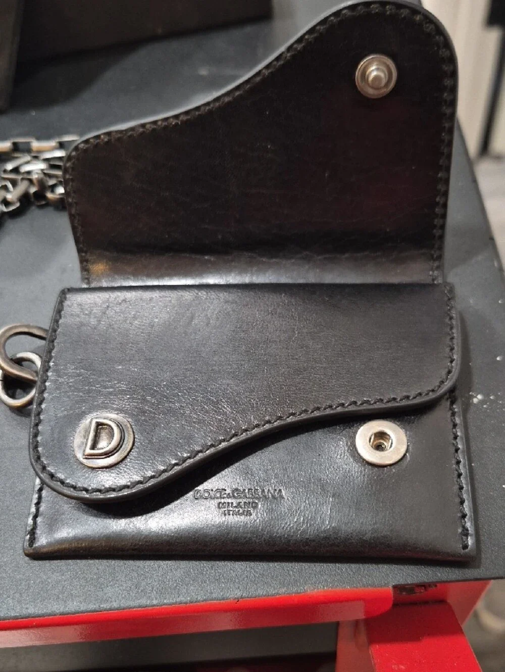 New Dolce & Gabbana Black Leather Card Wallet with Chain and DG Accents